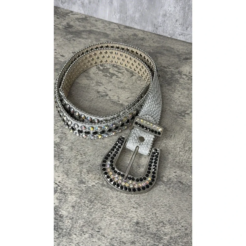 DNA Rhinestone Belt Men L Silver Rodeo Western Streetwear Buckle Bling LEather